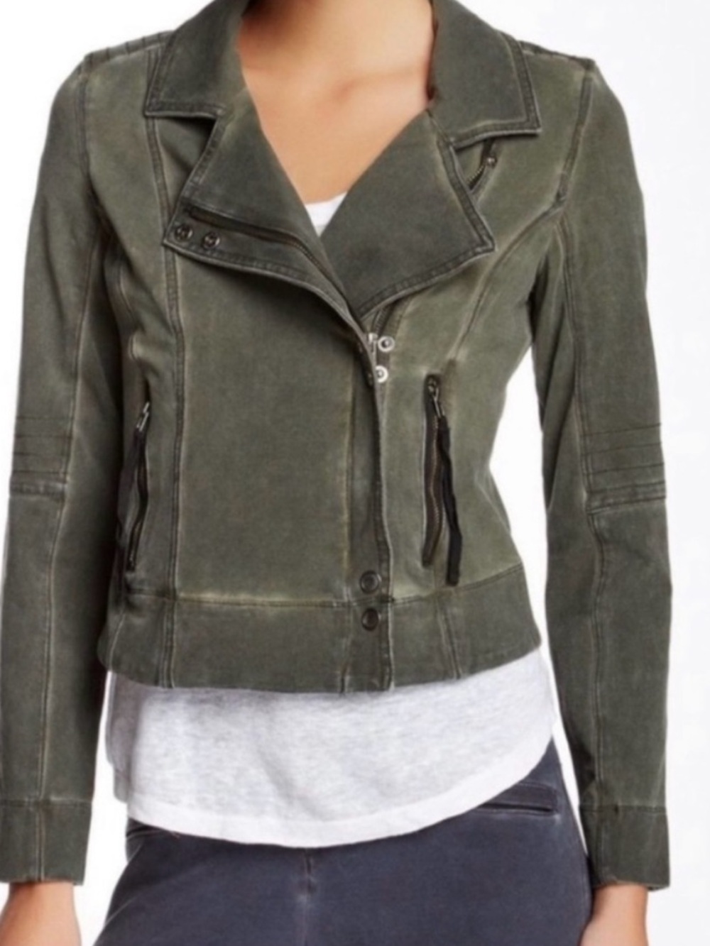 Anthropologie Marrakech Olive Green Moto Jacket Stretch Cotton Jersey Sz XS